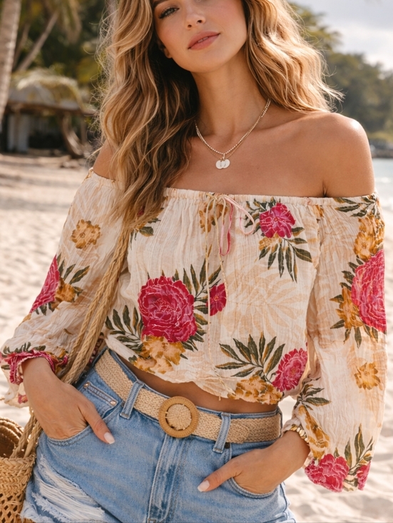 Billabong Tops - Billabong Floral Off Shoulder Crop Top Boho Crinkle Peasant Blouse M